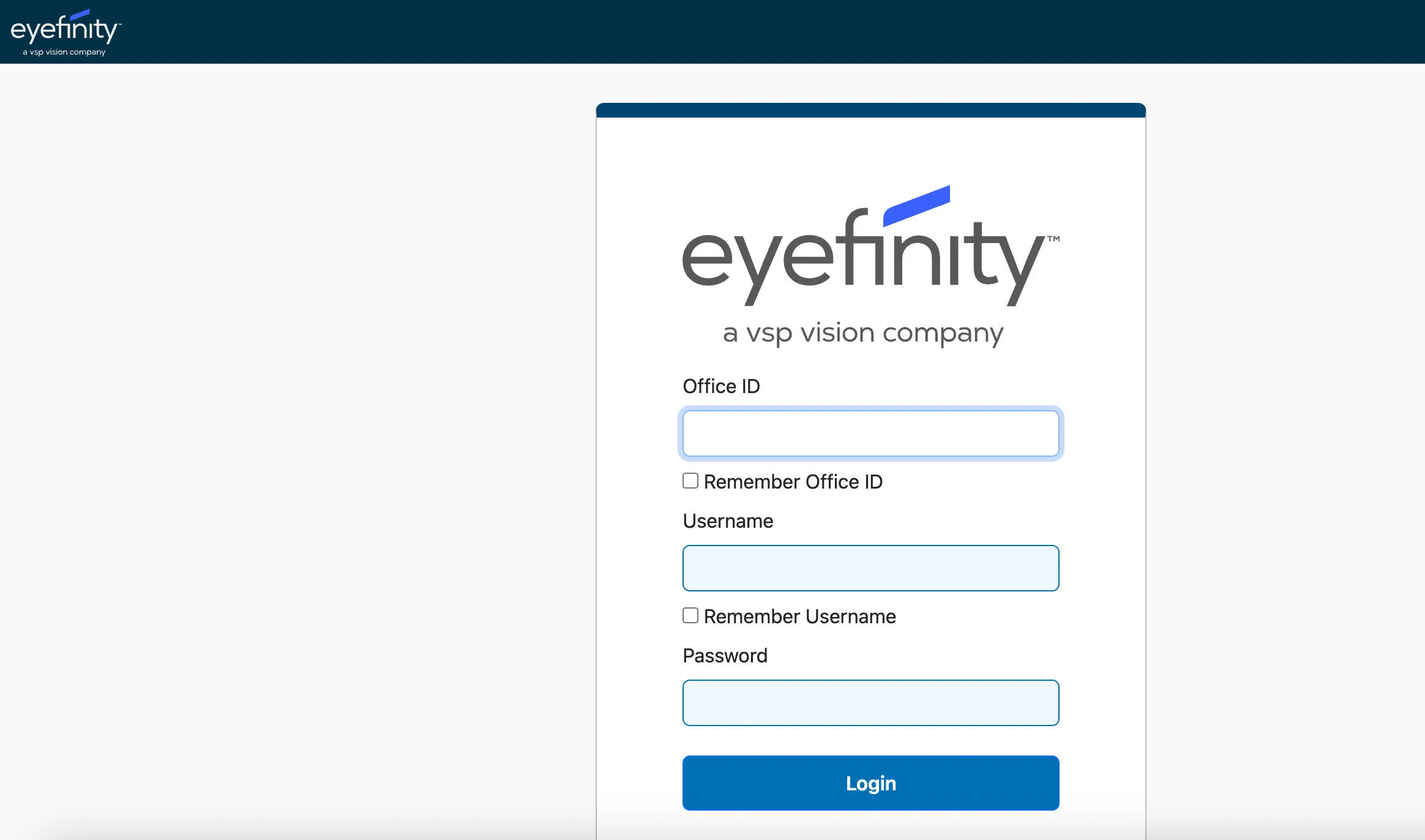 Eyefinity login screen where users enter their credentials to sync Apptoto and Eyefinity Encompass