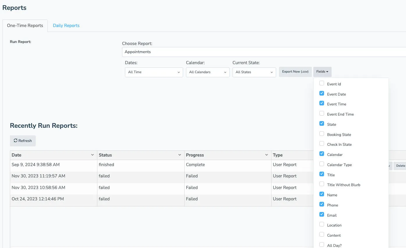 Field options you can choose to export