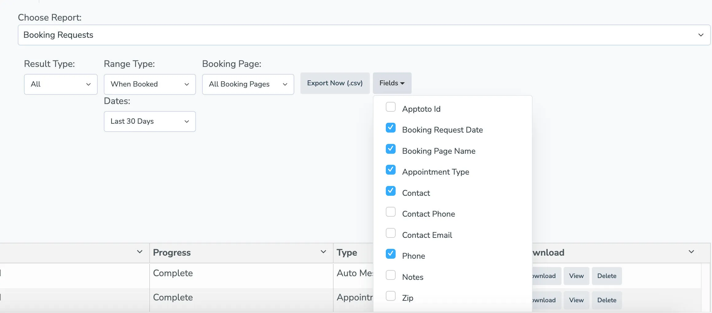 apptoto booking report field options
