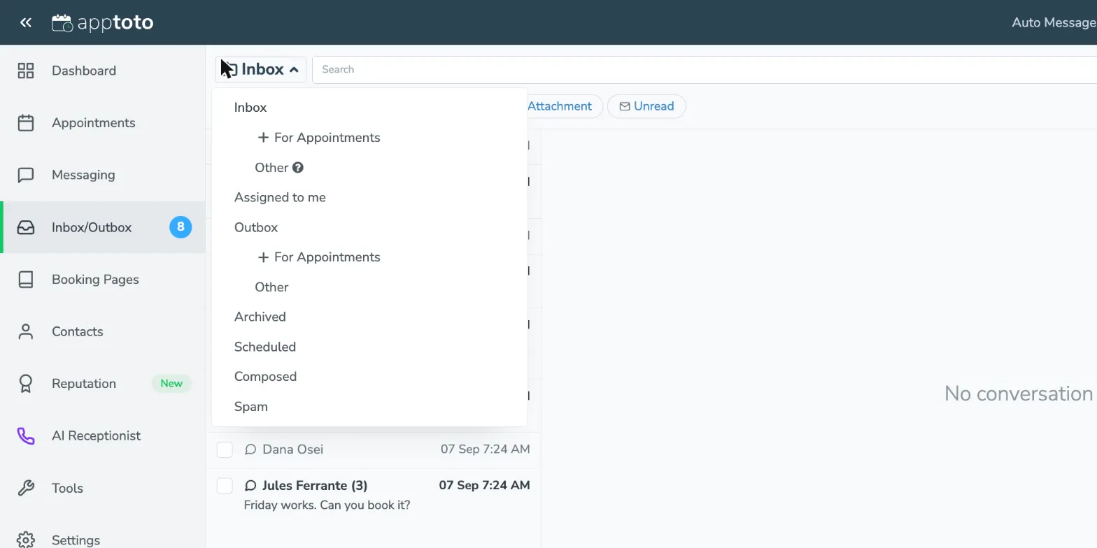 Choose from multiple folders in the Inbox/Outbox to sort texts and emails.