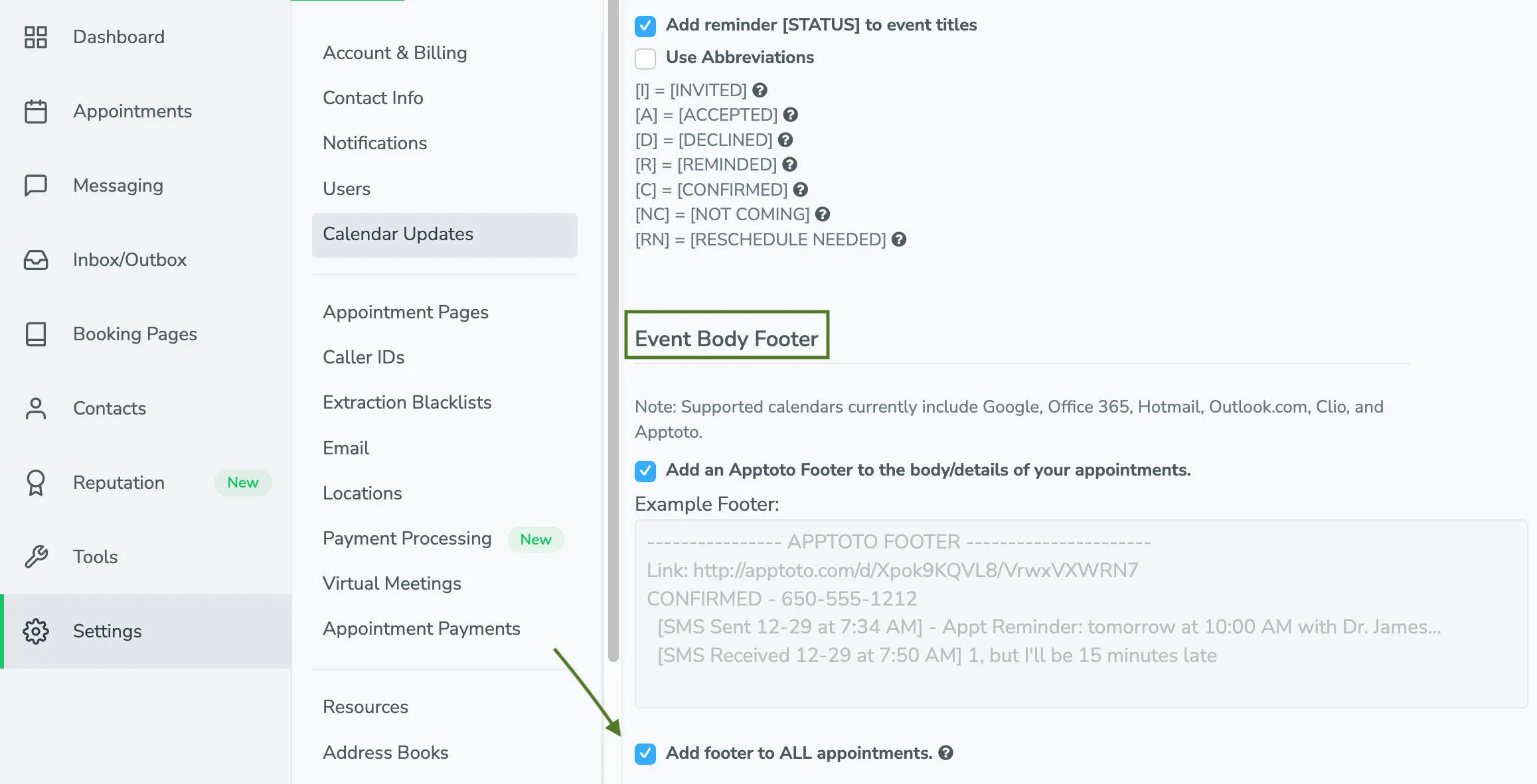 Enabled appointment event footer for all appointments on your supported calendars