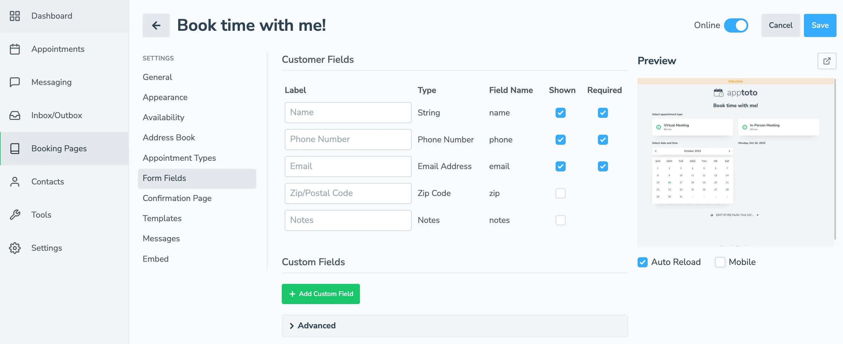 Specify what information your clients need to provide when booking on the fields tab