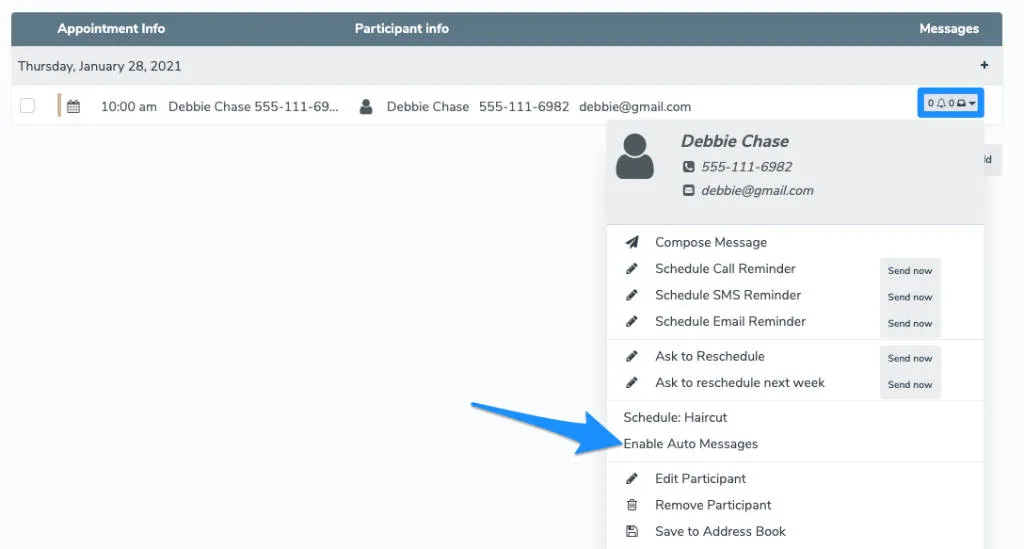 Enable auto messages for specific appointments via the Appointments tab.