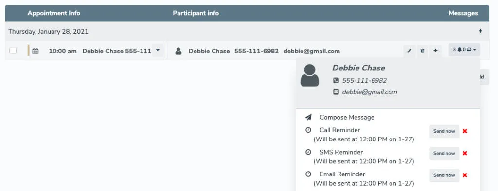 Clicking the bell/inbox menu next to an event on the Appointments tab will display scheduled messages.