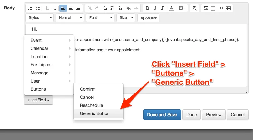 Apptoto interface displaying how to add a button to an appointment email