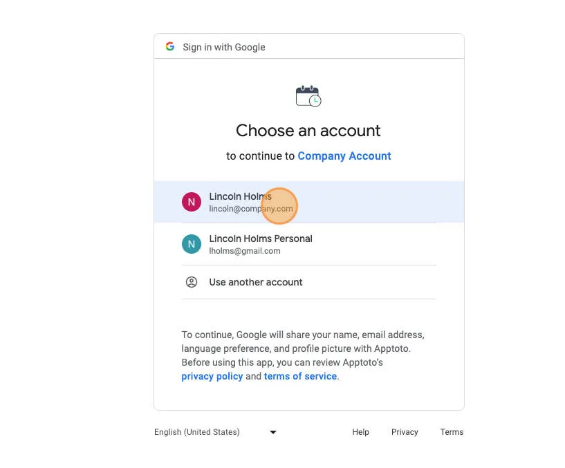 Connecting a Google account to address book to allow Apptoto access