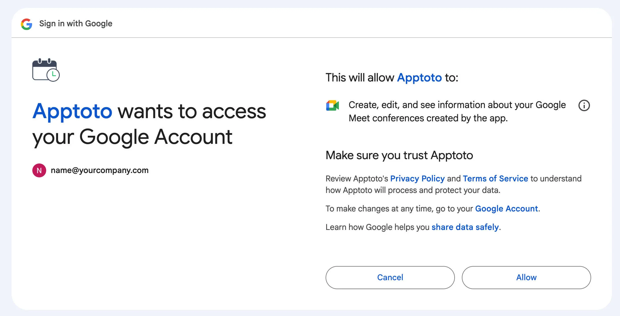 Grant Apptoto access to create and see information about your Google meet events