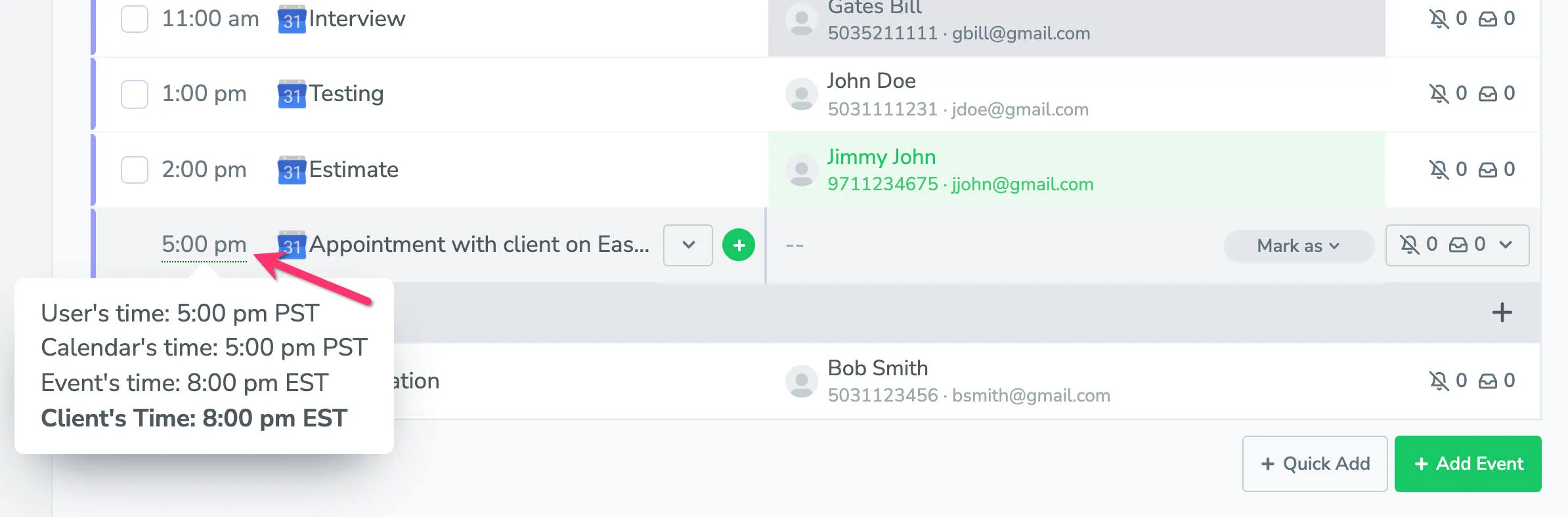 Hover over an appointment in Apptoto displays the time of the calendar user and clients in different timezones.