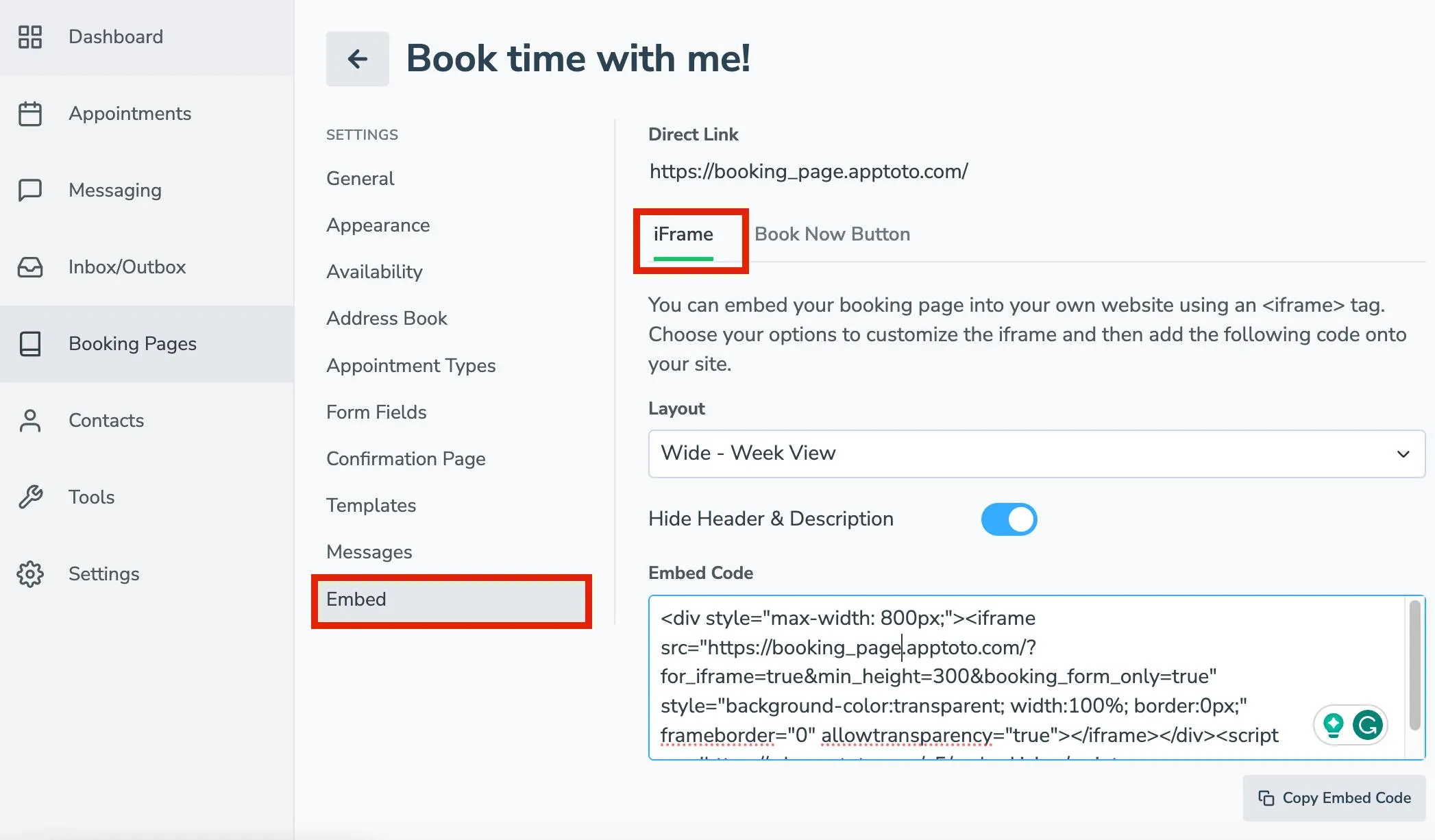 Embed your Apptoto booking page using an iFrame
