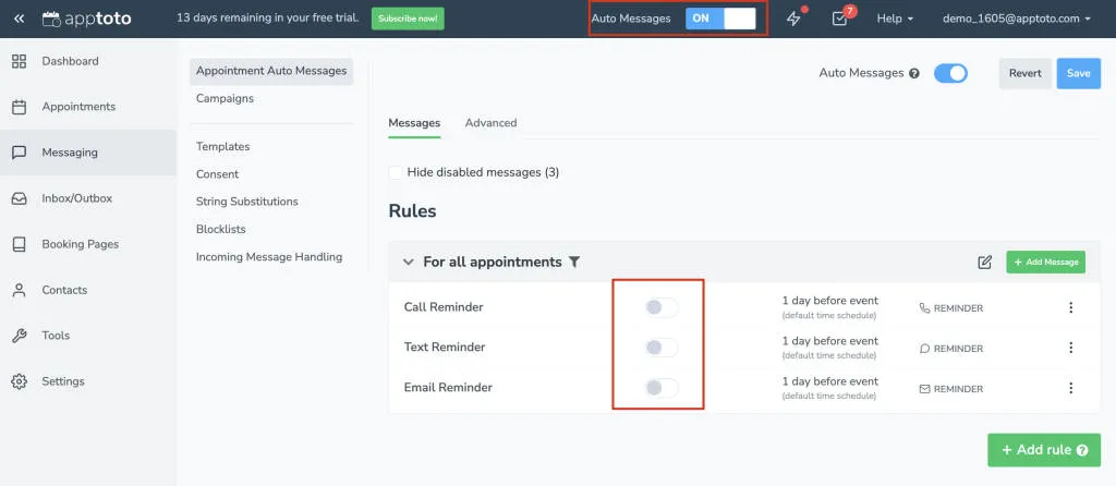 To use specific-message commands toggle individual rules off, and auto-messages in the navigation on.