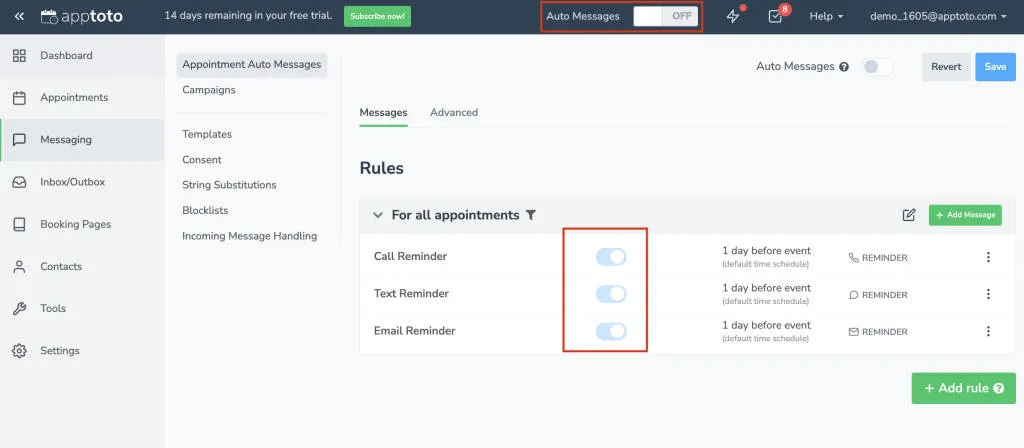 To use top-level commands toggle individual rules on, but auto-messages in the navigation off.