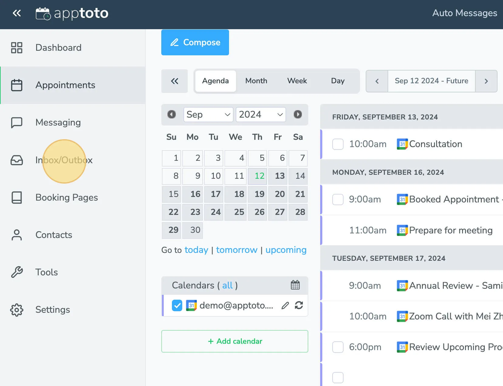 Highlighted inbox/outbox tab in Apptoto platform
