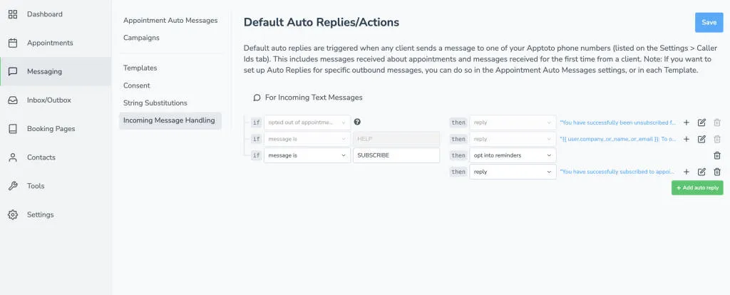 Create auto replies from incoming text messages from clients in Apptoto