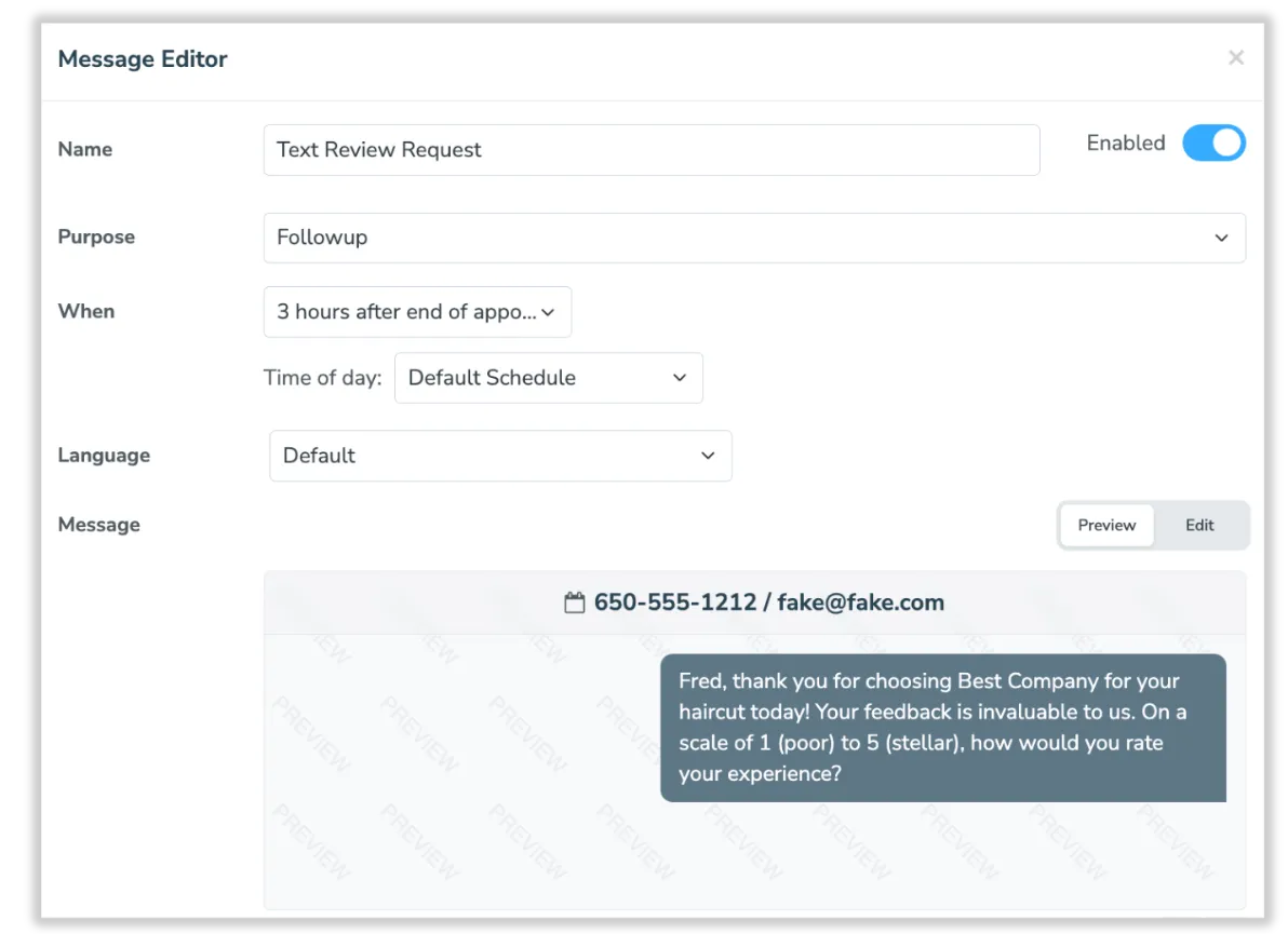 Editing a text message in Apptoto to ask client to rate the business