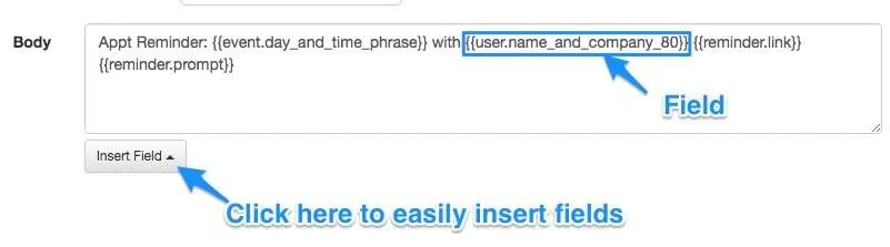Apptoto message template with dynamic fields inserted