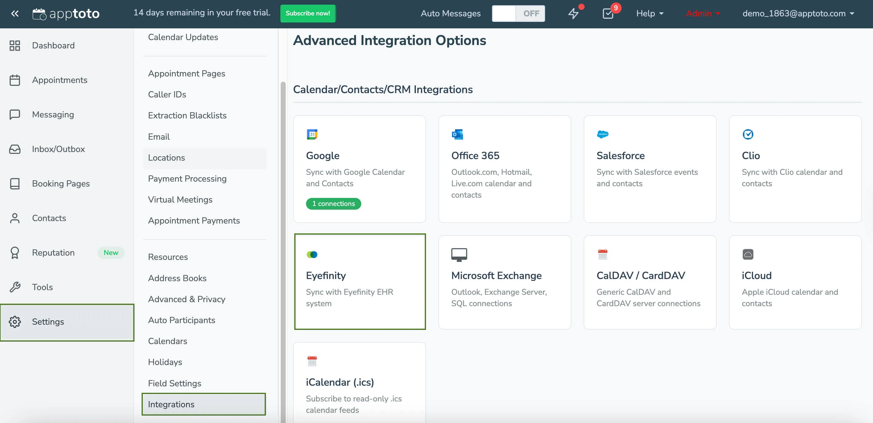 Eyefinity integration tab in the Apptoto platform