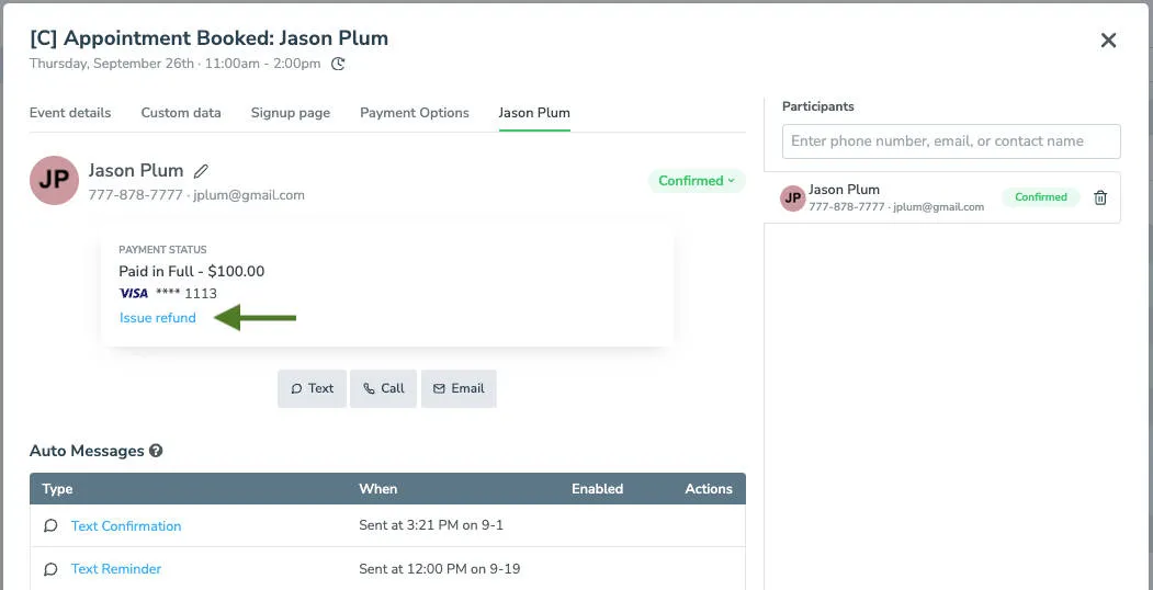 Select "issue refund" via Appointment Editor action tab.
