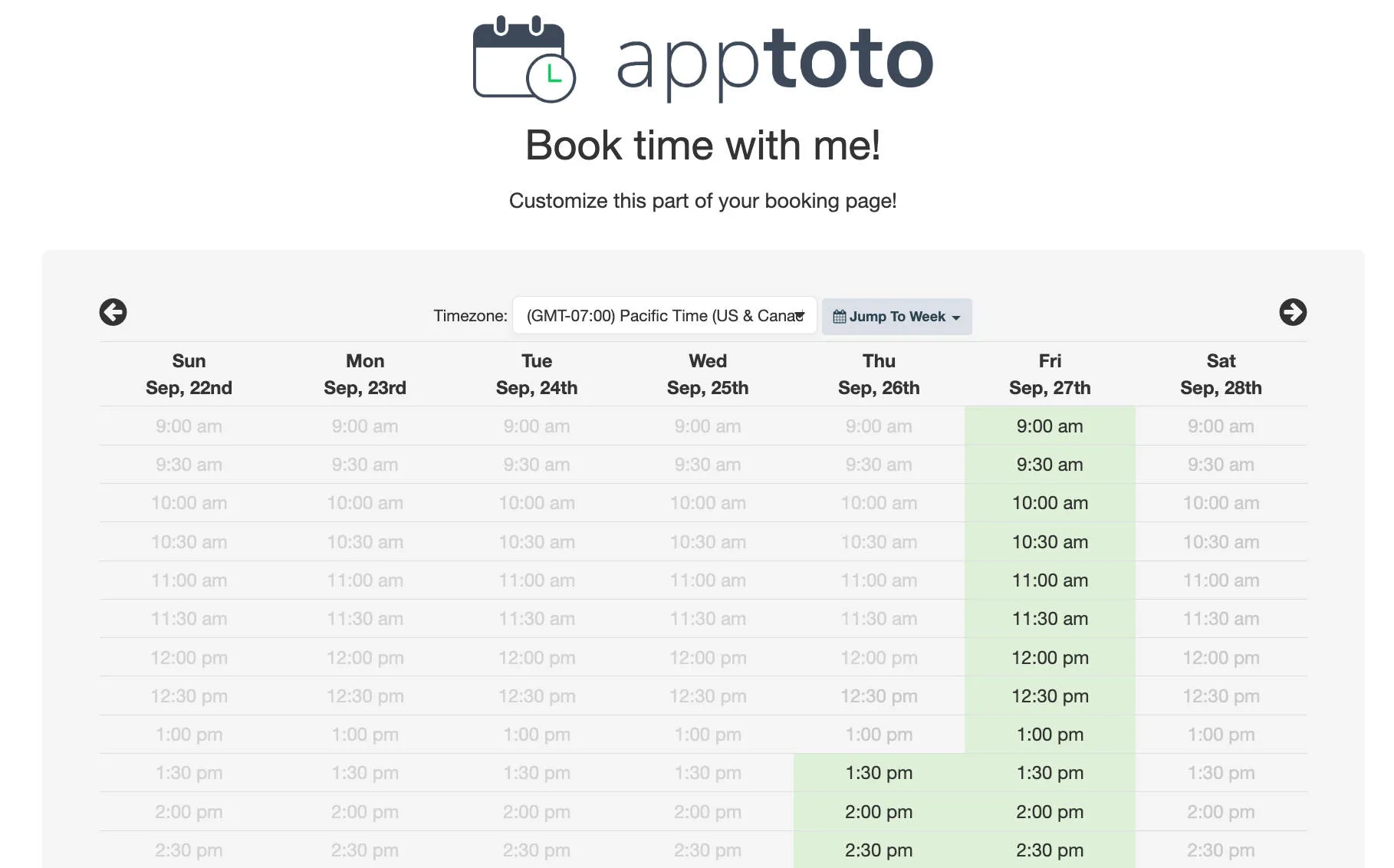 Apptoto booking page layout legacy one column customized