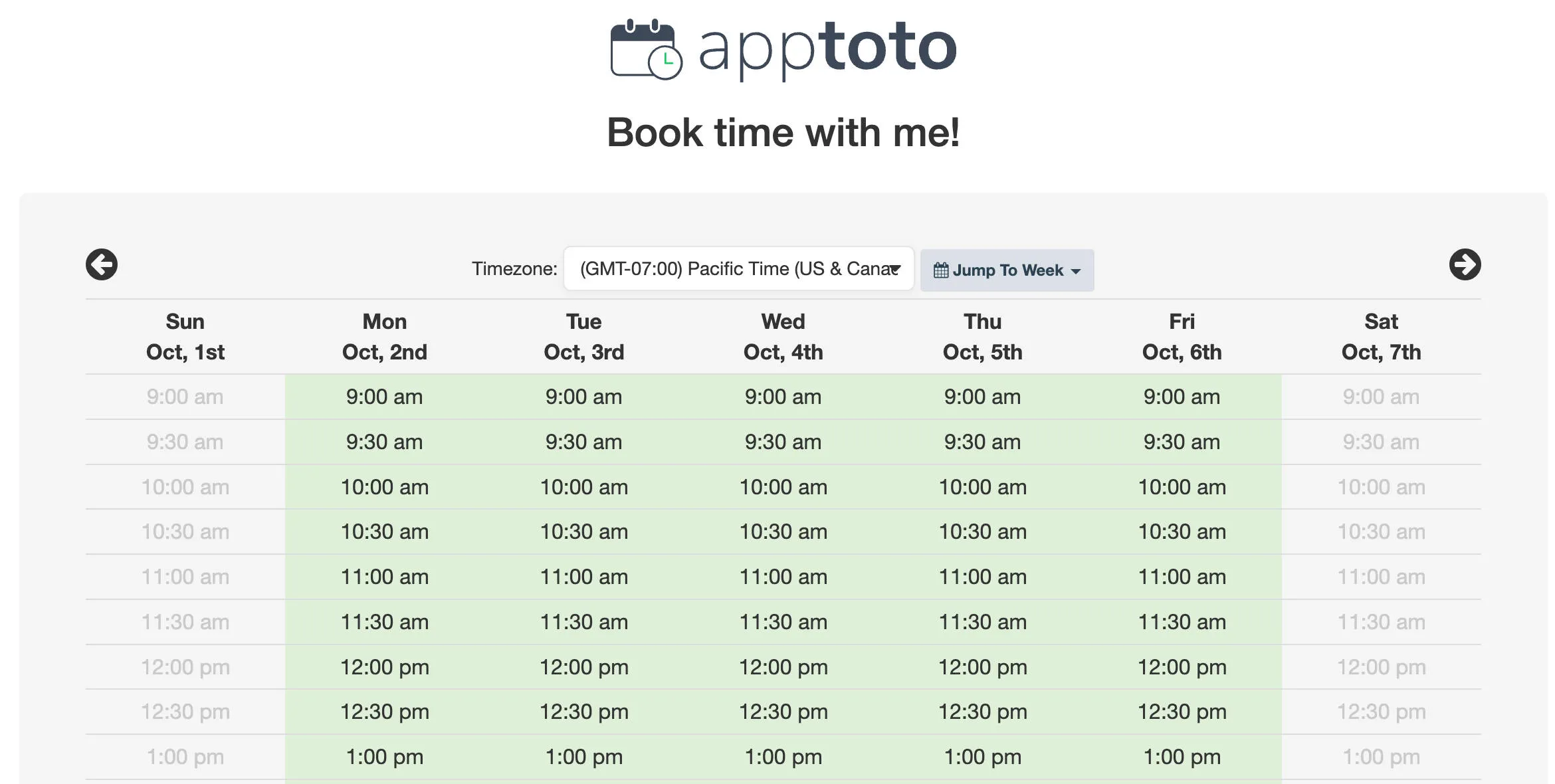 Apptoto booking page layout legacy orignal