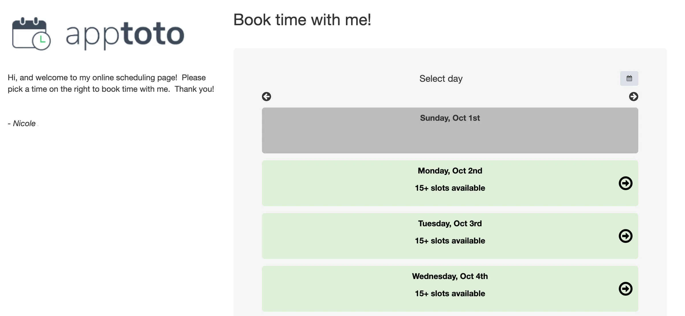 Apptoto booking page layout legacy two column customized