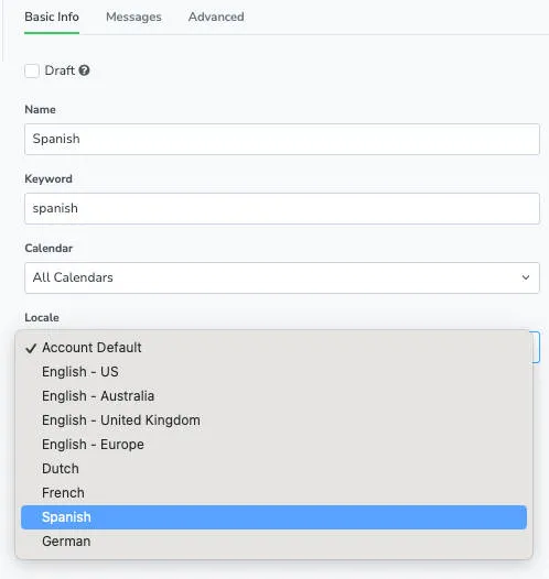 Use the locale setting in your new Message Schedule to select the preferred language for messages.