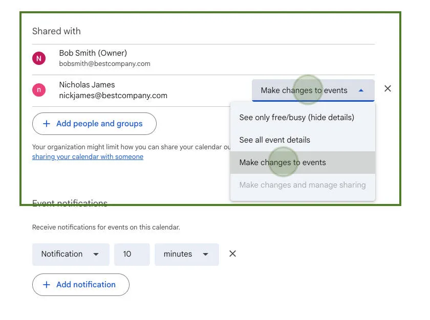 Set permissions to Make changes to events