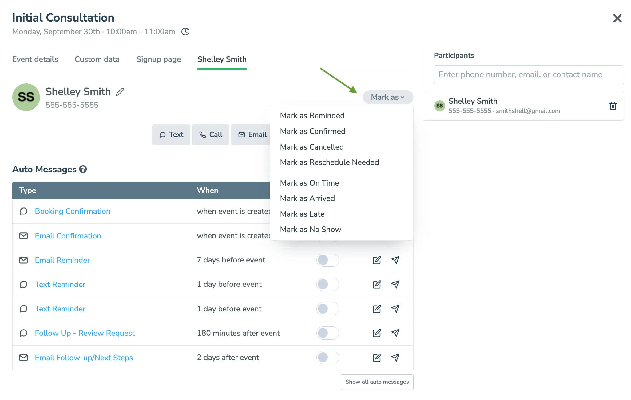 Event editor displaying actions that can be taken to mark reminder and appointment status.