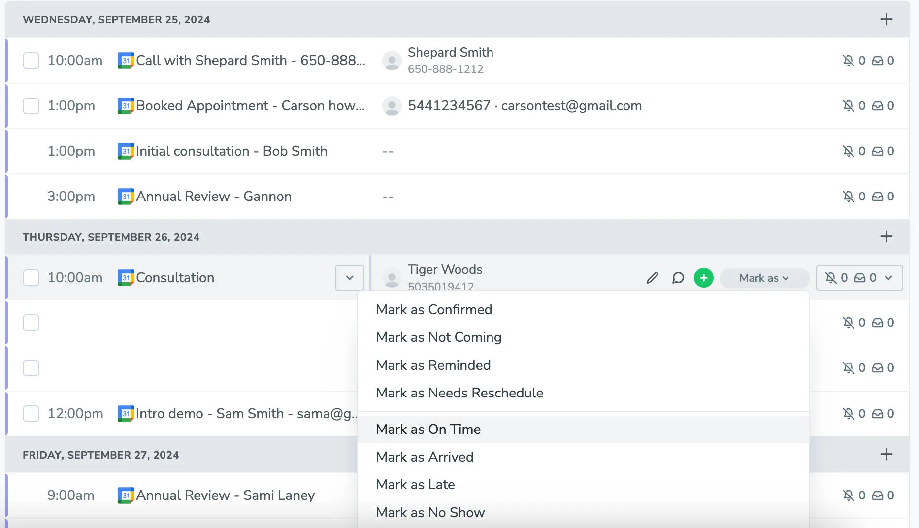 Mark a participant's attendance status using the "Mark As" button on the agenda view.