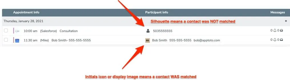Differentiating between matched contact and unmatched contact in Apptoto interface