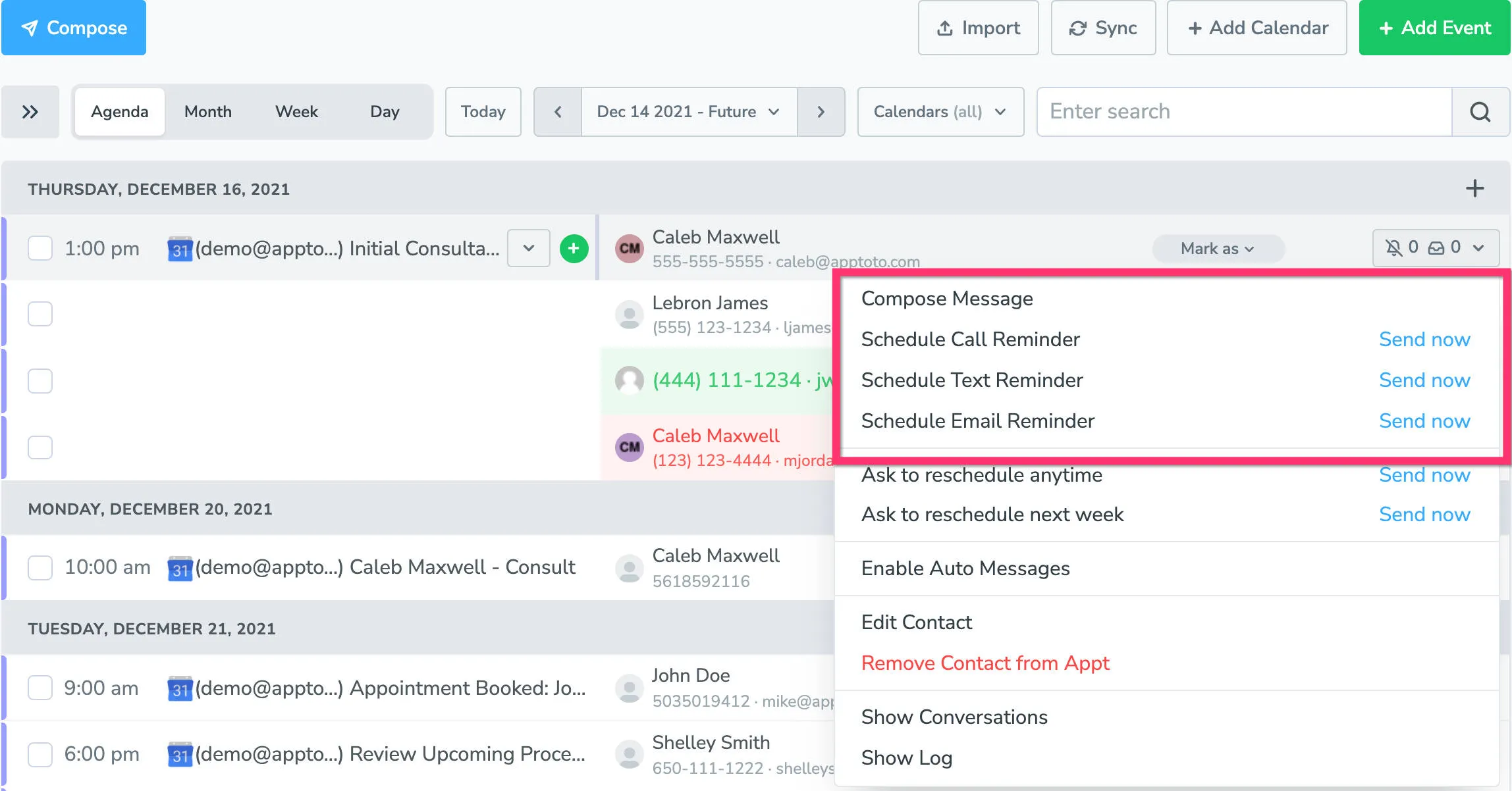 Apptoto agenda view displaying the actions that can be taken to compose or schedule a new message
