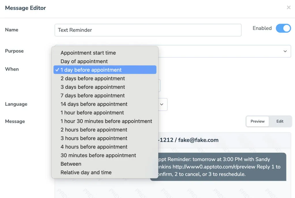 Use "When" field to control when a message is delivered prior to an appointment.