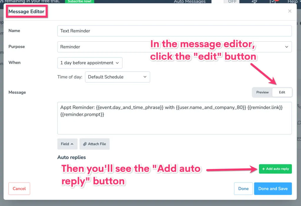 Click "+Add auto reply" button in message editor to add auto-replies for individual messages