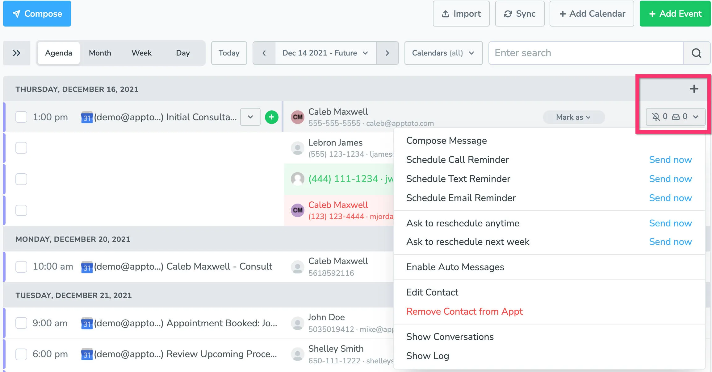 Apptoto agenda view displaying the status of any auto messages associated with a participant
