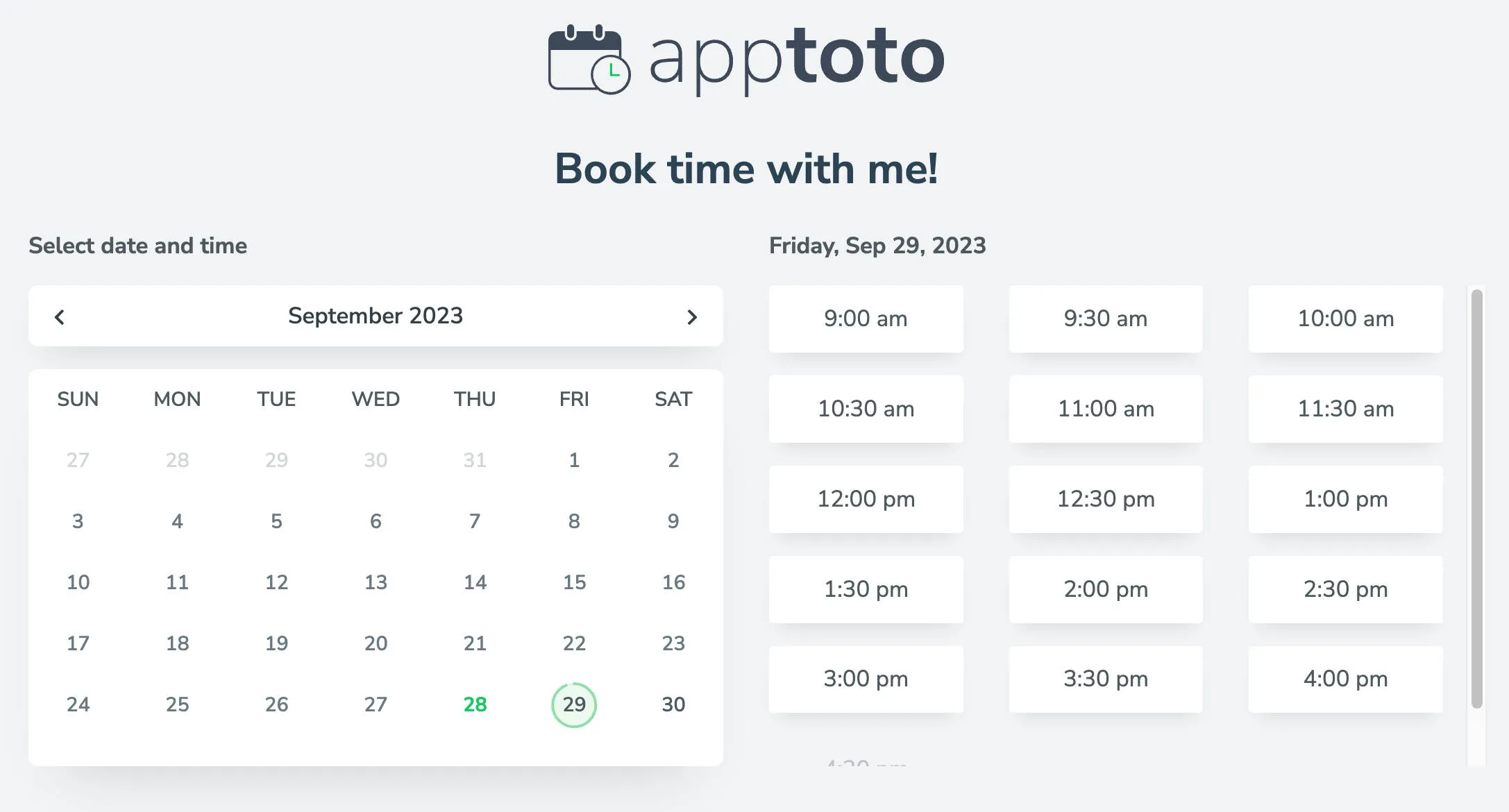 Apptoto booking page layout month view