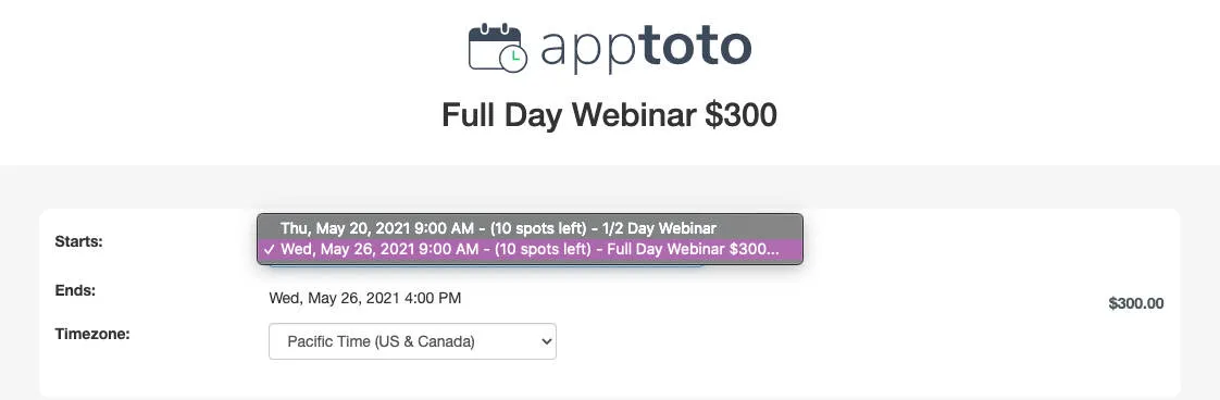 Apptoto signup page displaying two separate events with differing payments required