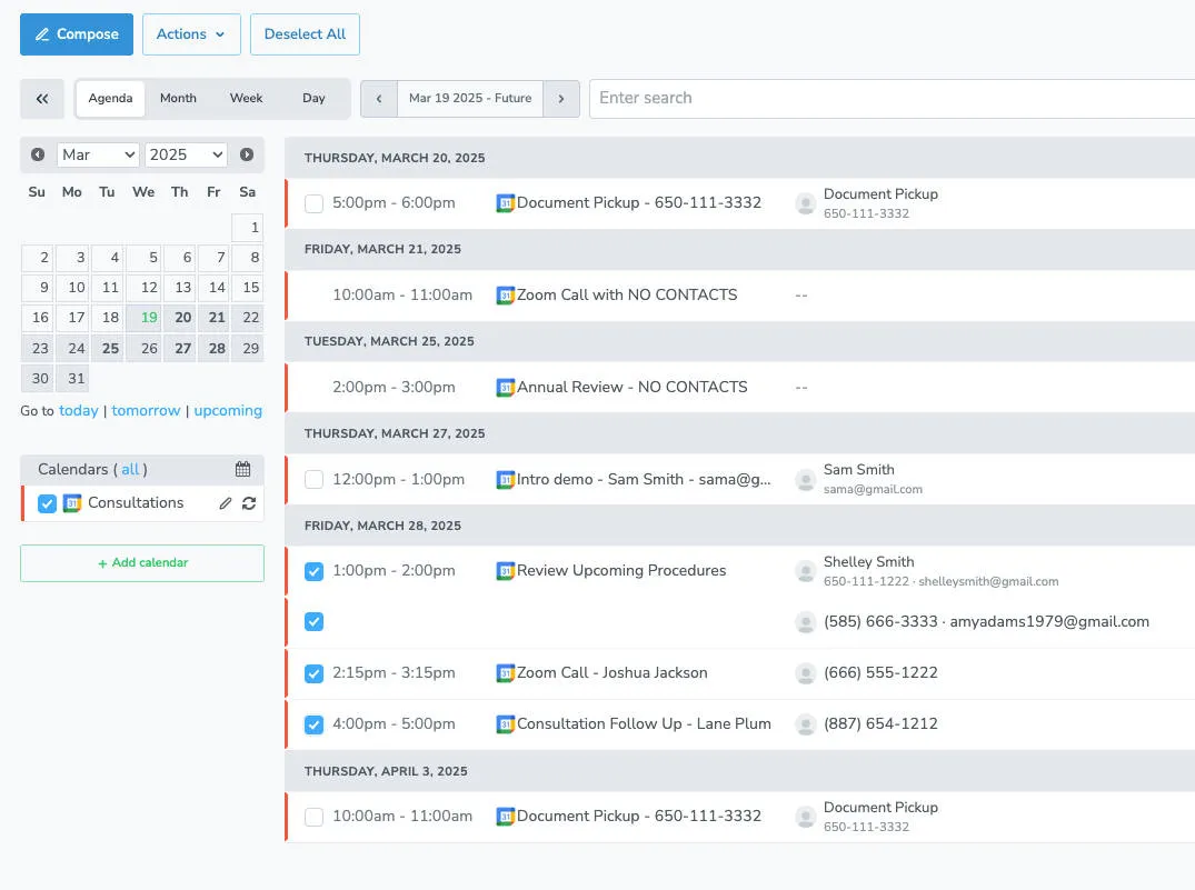 Select multiple appointments by check the checkboxes next to each invitee.