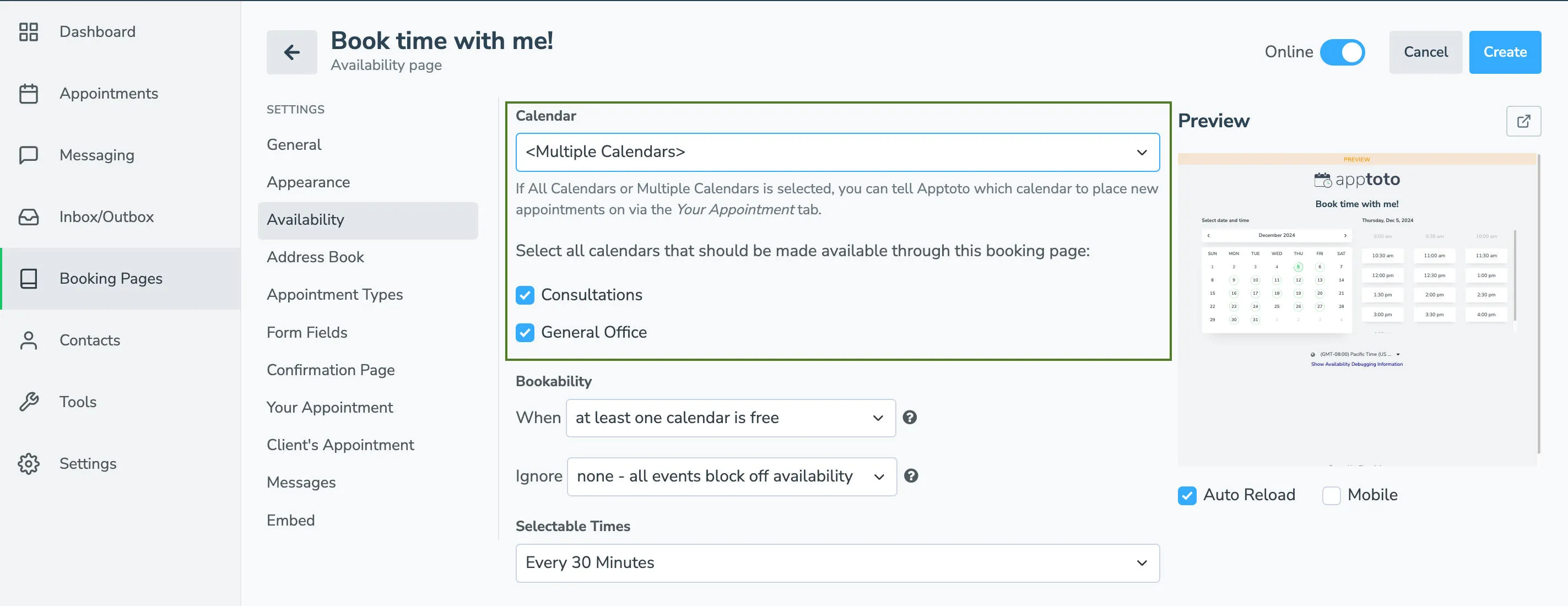 When using multiple calendars, click to include or remove calendars for availability purposes
