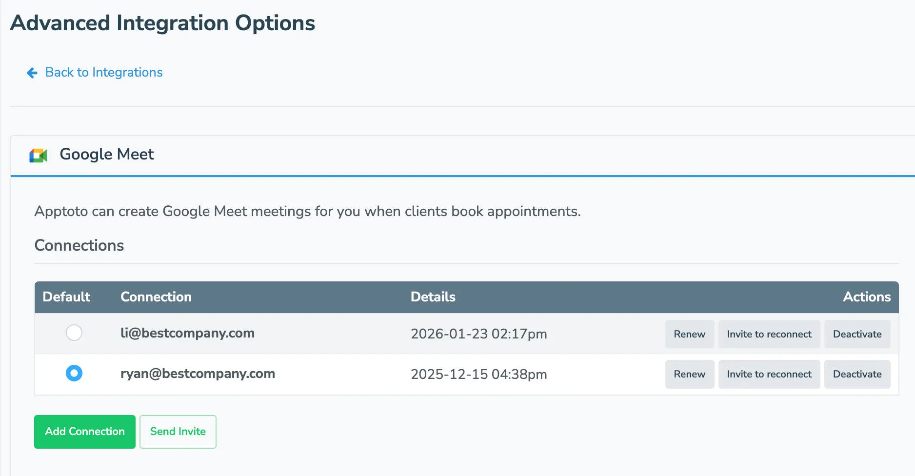 Select a default Google account you wish to create meet links through on the Apptoto integrations tab