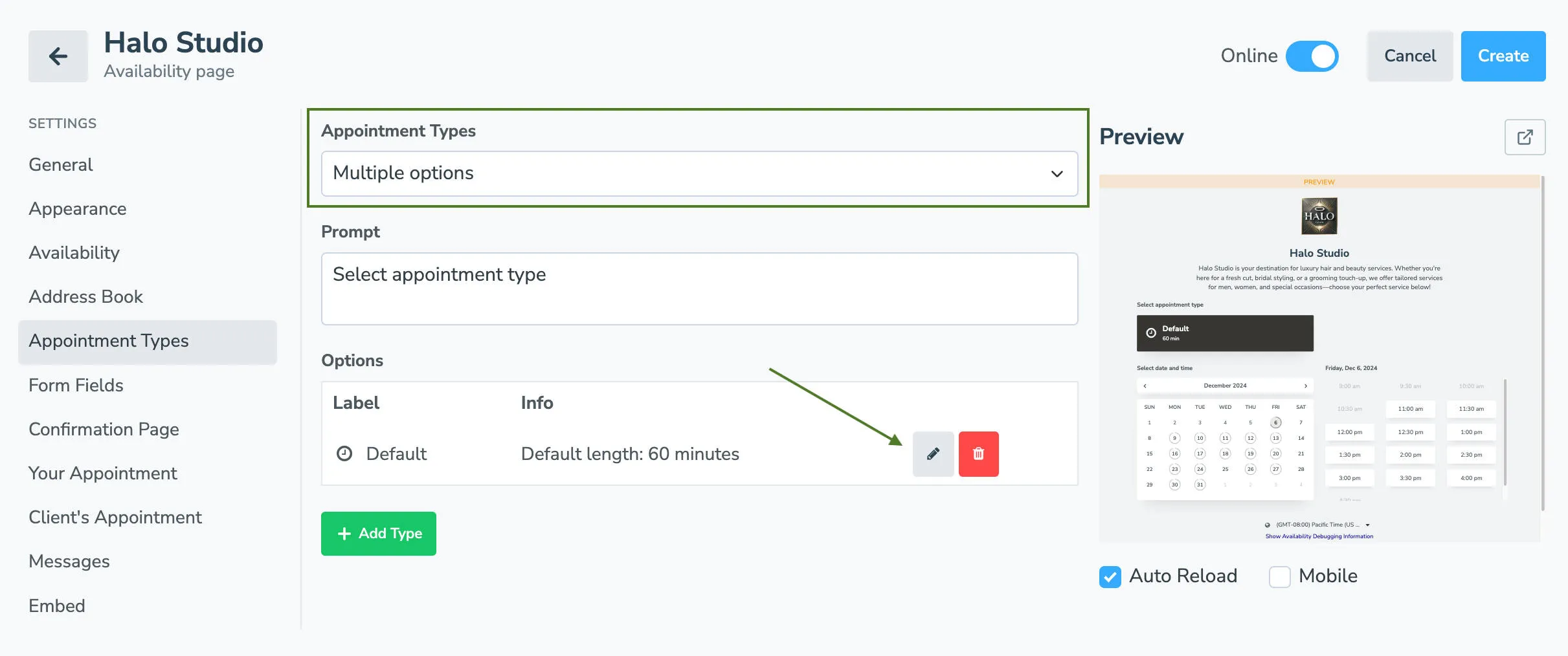 Set appointment type to "Multiple Options" and edit the default type that appears