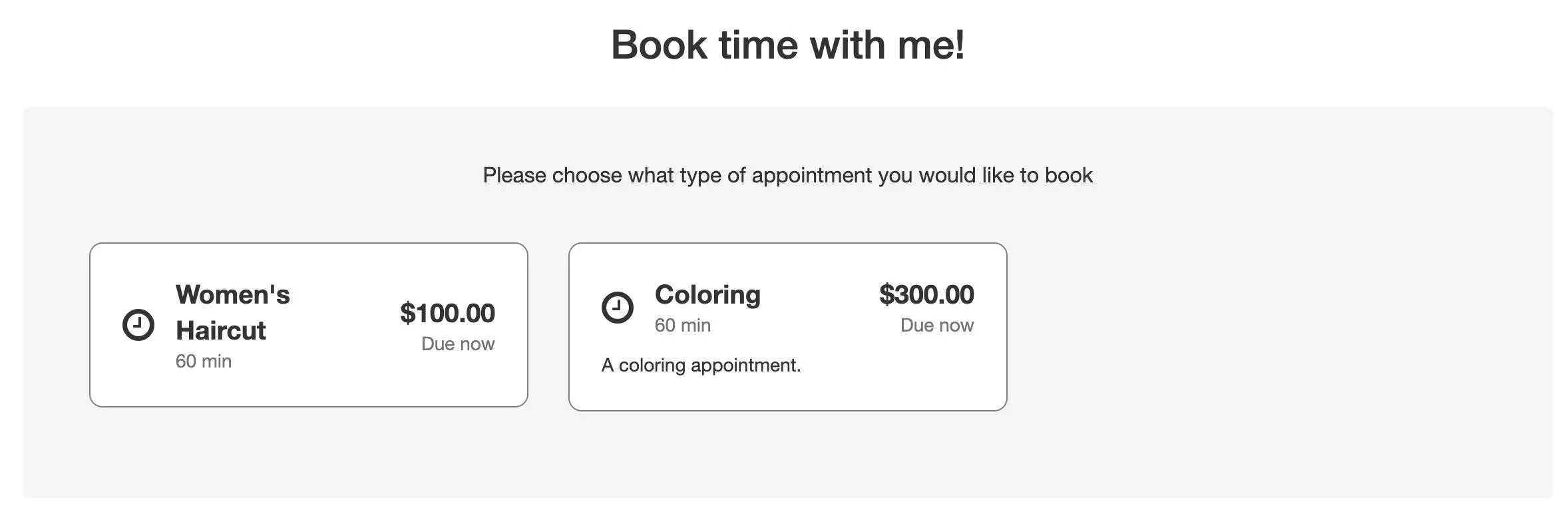 Booking page with multiple service options and different prices.