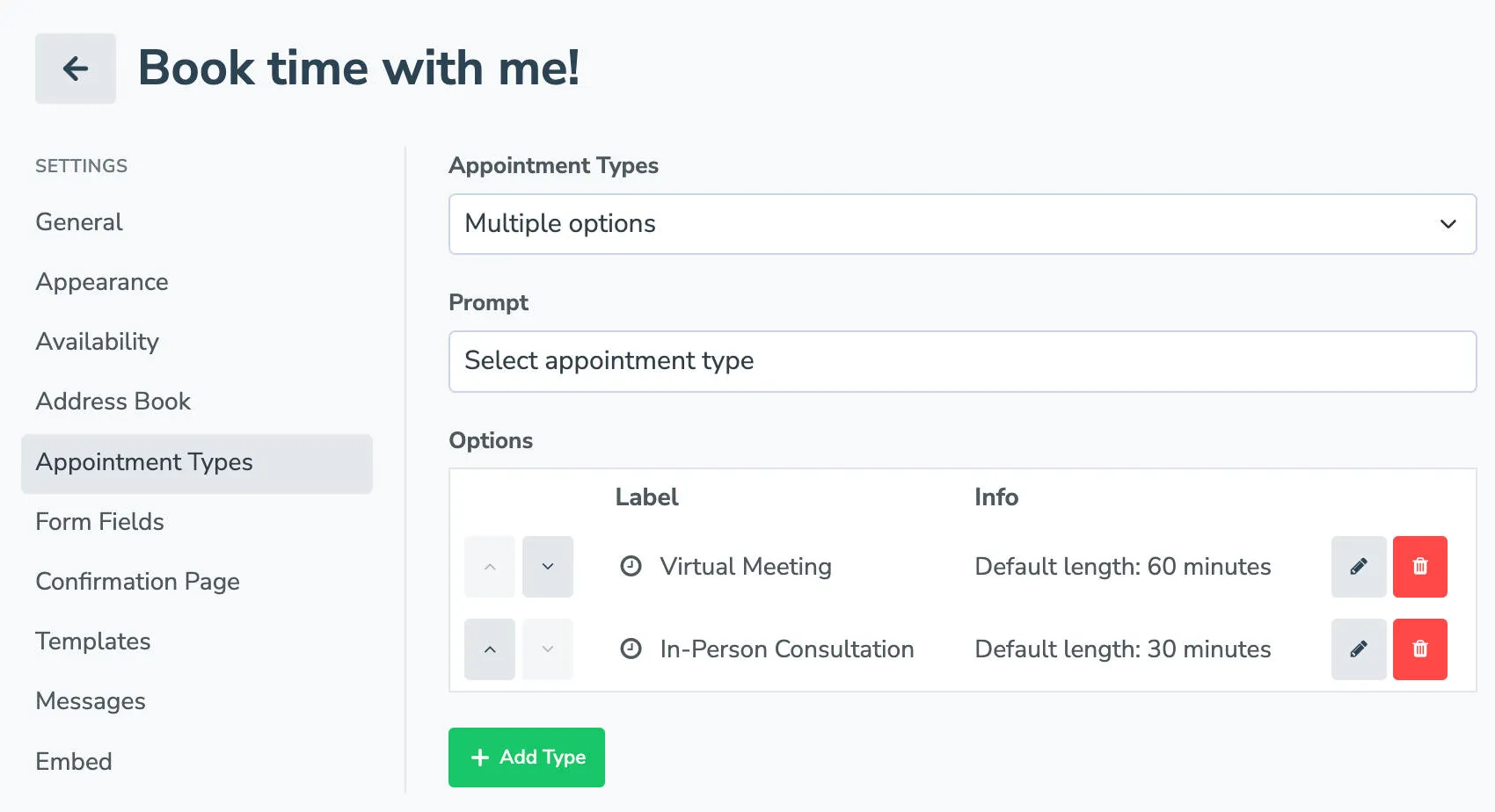 Add appointment types to booking pages using the Appointment Types tab.
