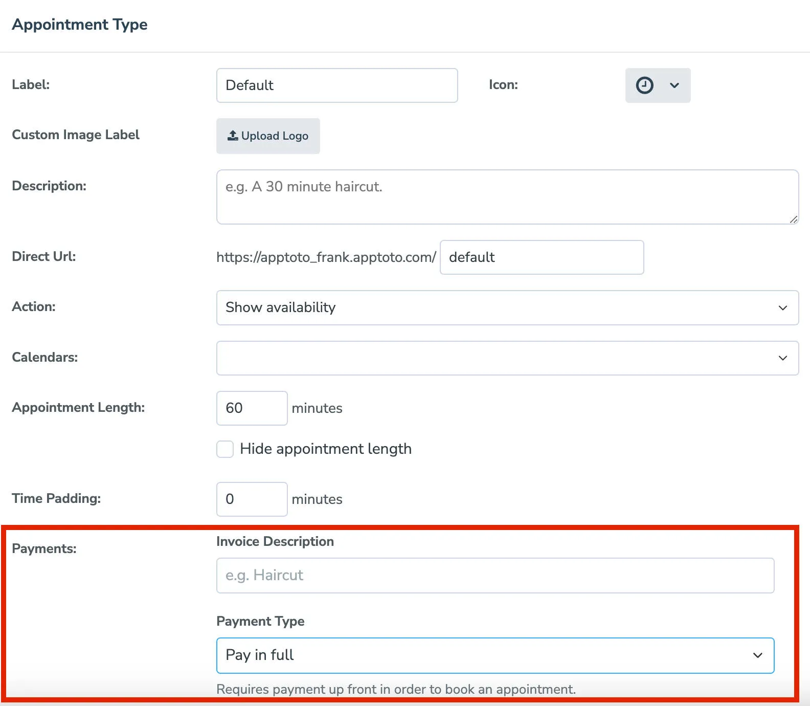 Customize payment type by service on your booking page