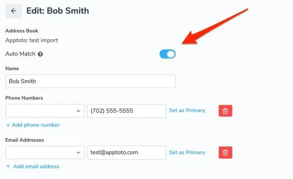 Edit the Contacts tab for an individual client to prevent Apptoto from ever matching them