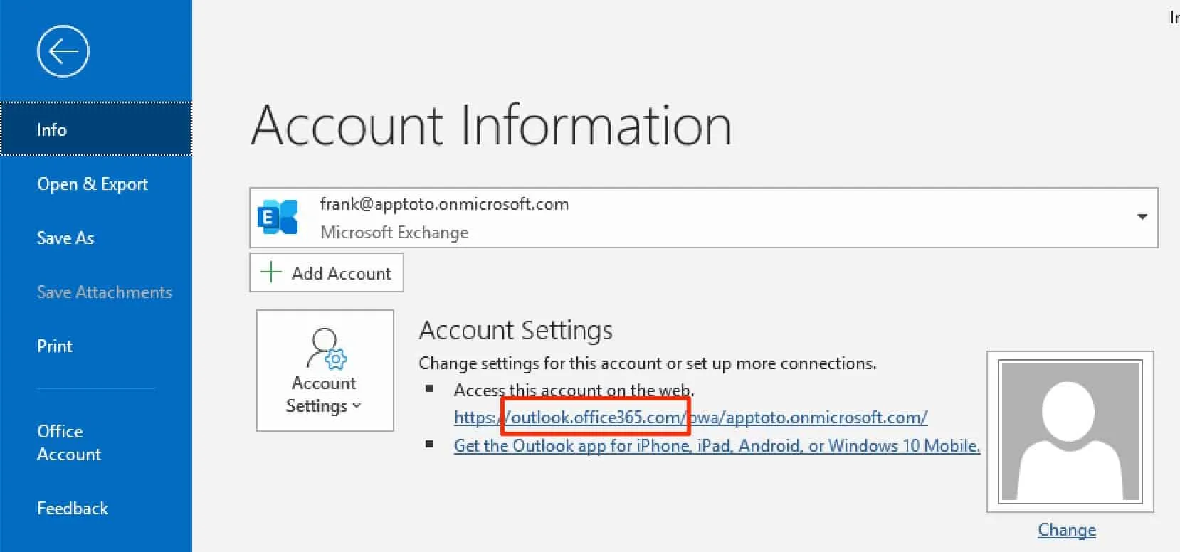 Outlook Office 365 account information and settings screen