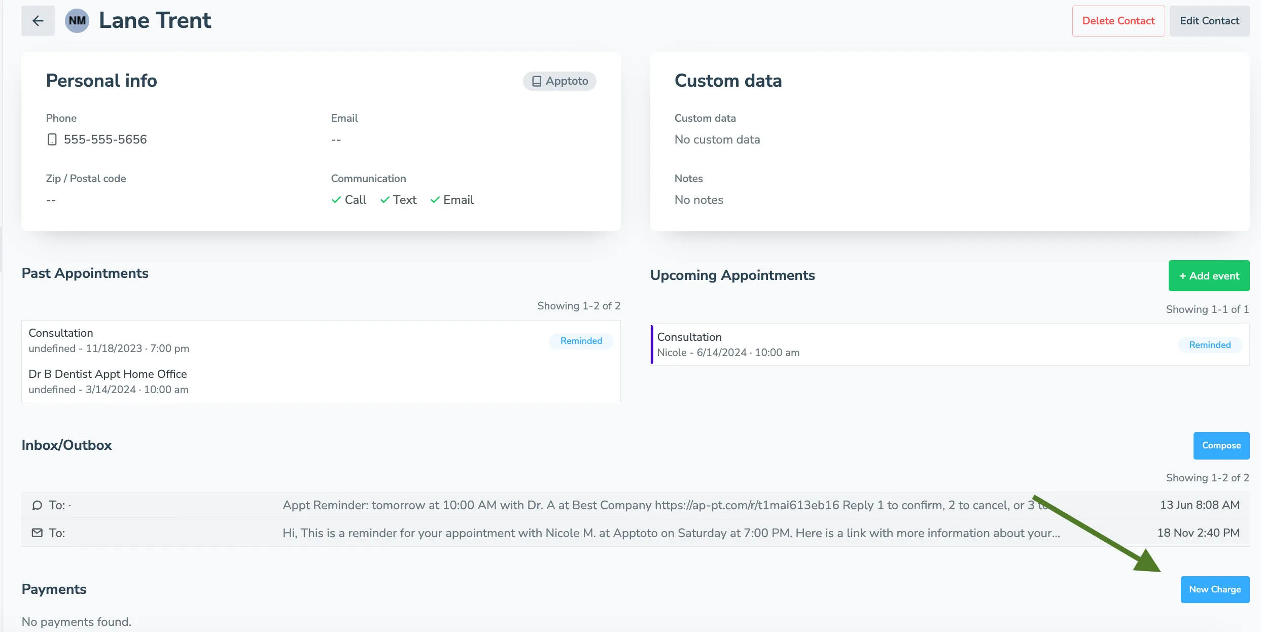 Collect a one-time payment for a client via the Contacts page