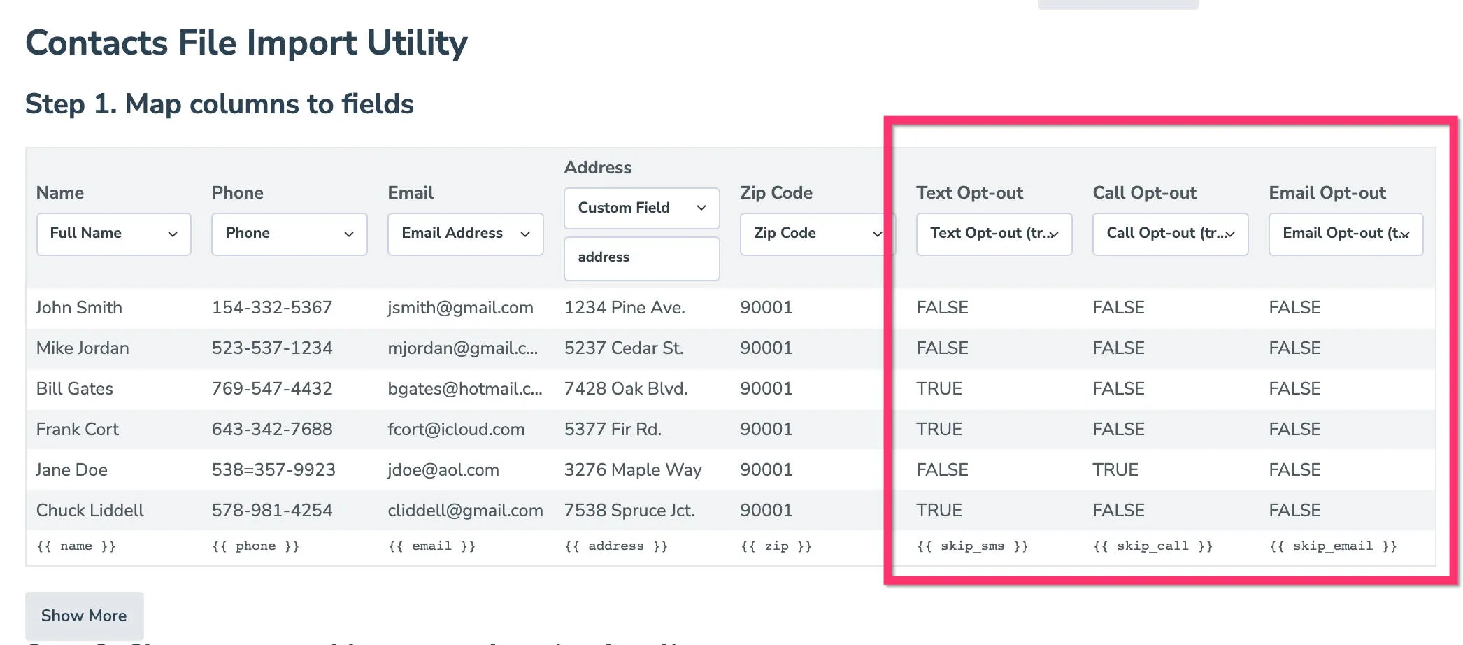 Contacts File import tool with text, call, and email opt-out columns highlighted