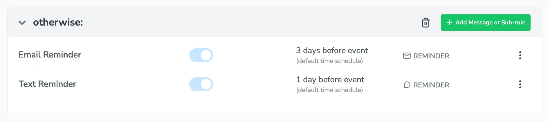 Otherwise rule block with email and text reminder messages for appointments that don't match other rules