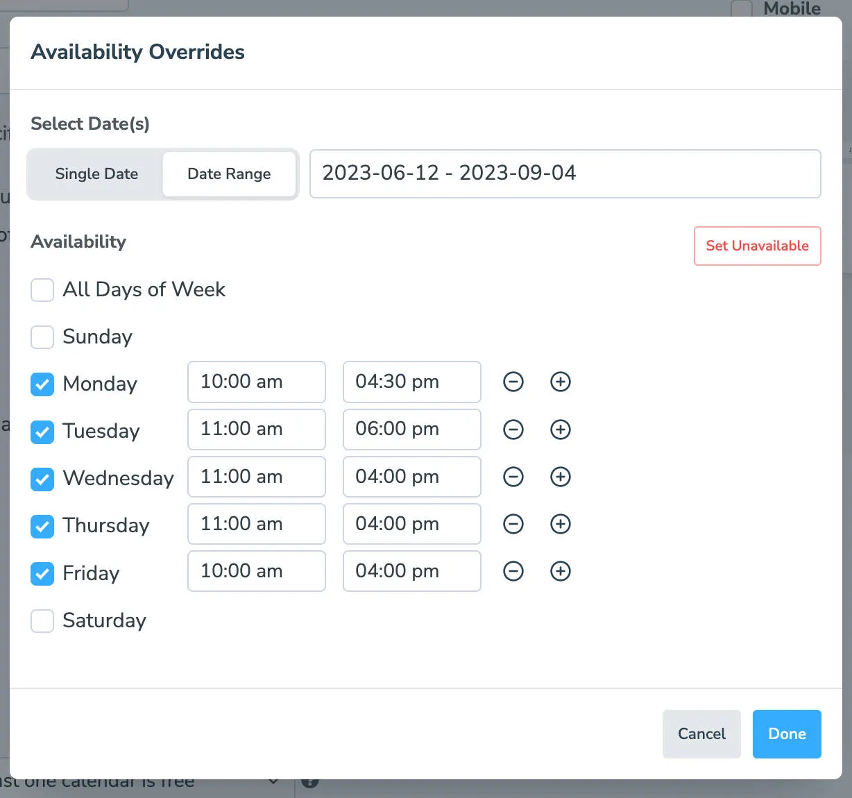 Choose the days of the week you are available to take appointments and times