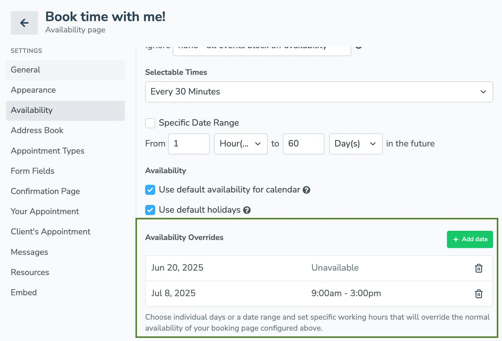 set booking pages availability overrides to adjust hours or days availability to take appointments