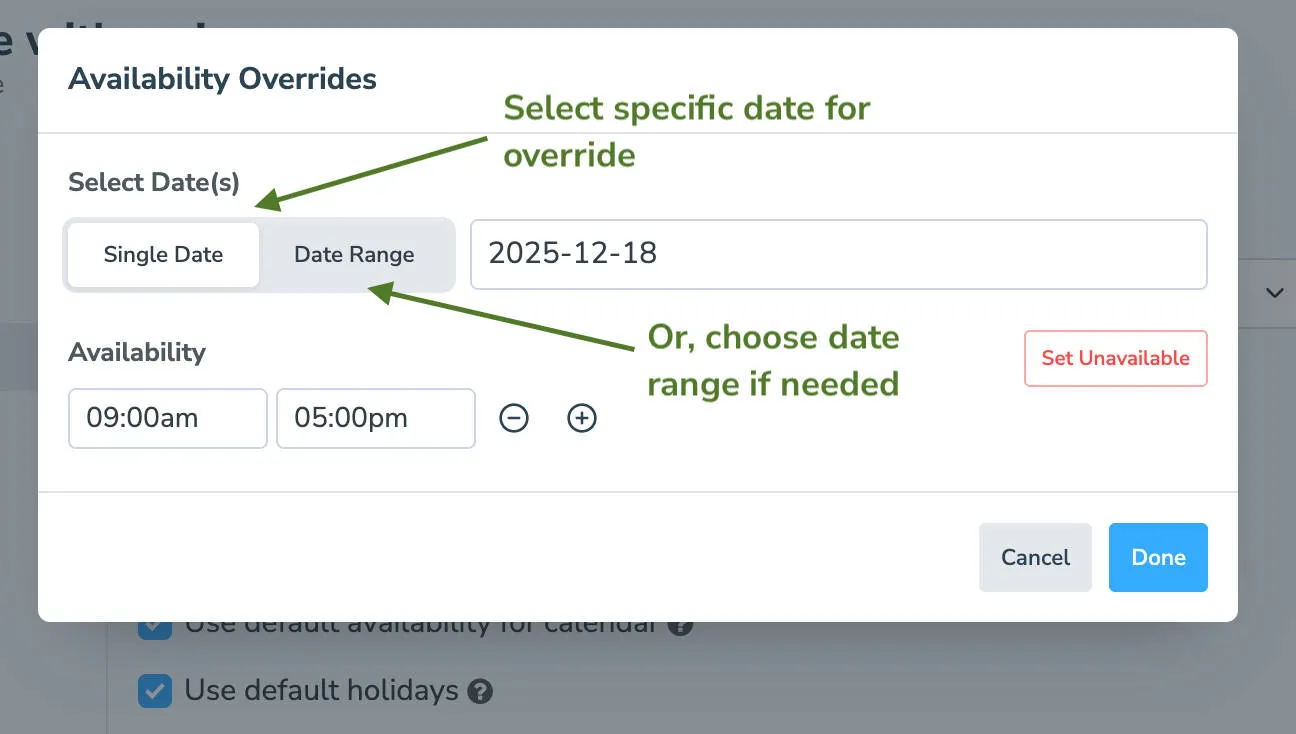 Override your availability for a single date or date range